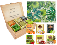 Zestaw herbat Basilur Botanik z drewnianym pudełkiem i różnymi smakami.