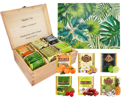 Zestaw herbat Basilur Botanik z drewnianym pudełkiem i różnymi smakami.