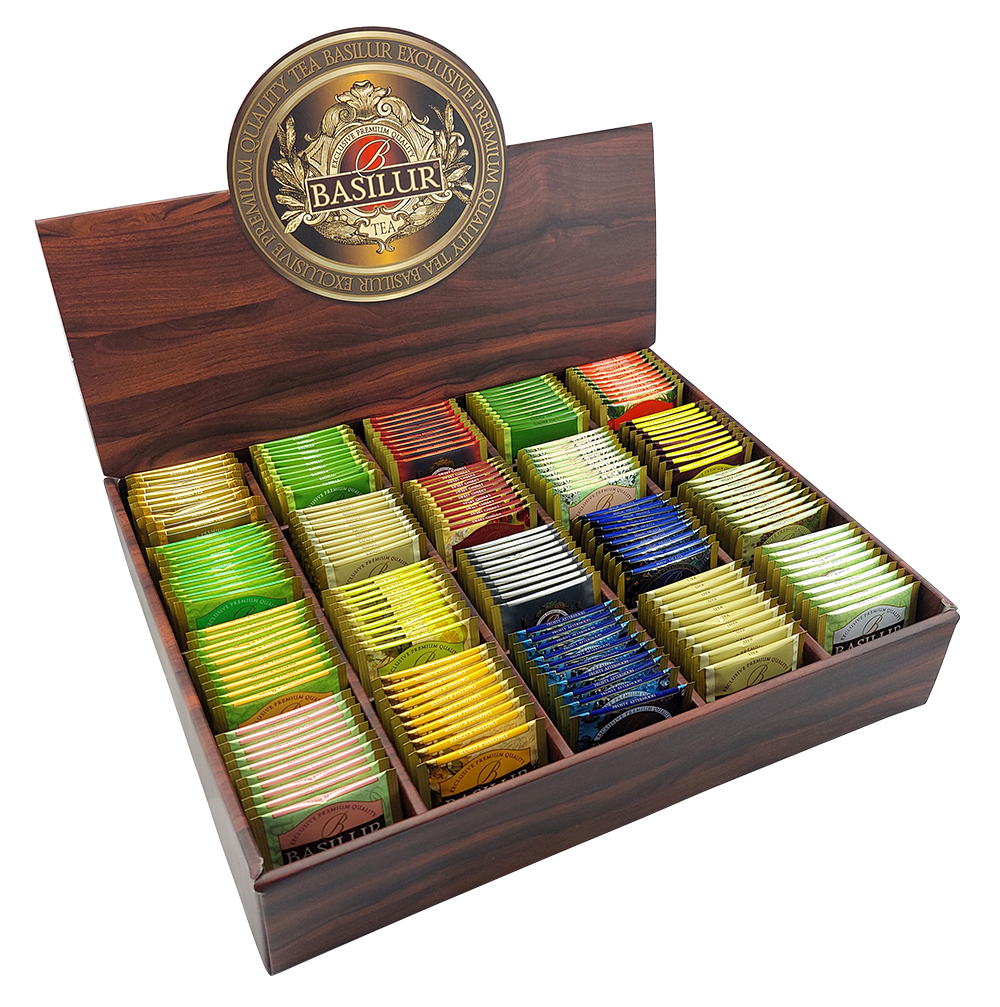 Otwarty ekspozytor Basilur z 200 torebkami różnych herbat, elegancka skrzynka prezentowa.