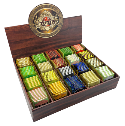 Otwarty ekspozytor Basilur z 200 torebkami różnych herbat, elegancka skrzynka prezentowa.