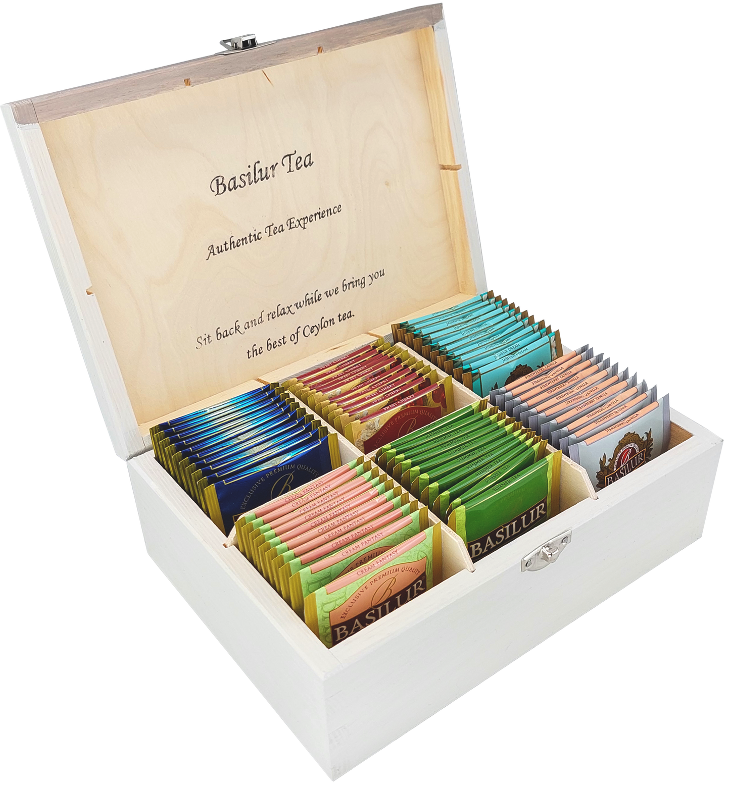 Drewniany ekspozytor Basilur Lawenda w Dzbanku z 60 saszetkami herbat w kopertach.