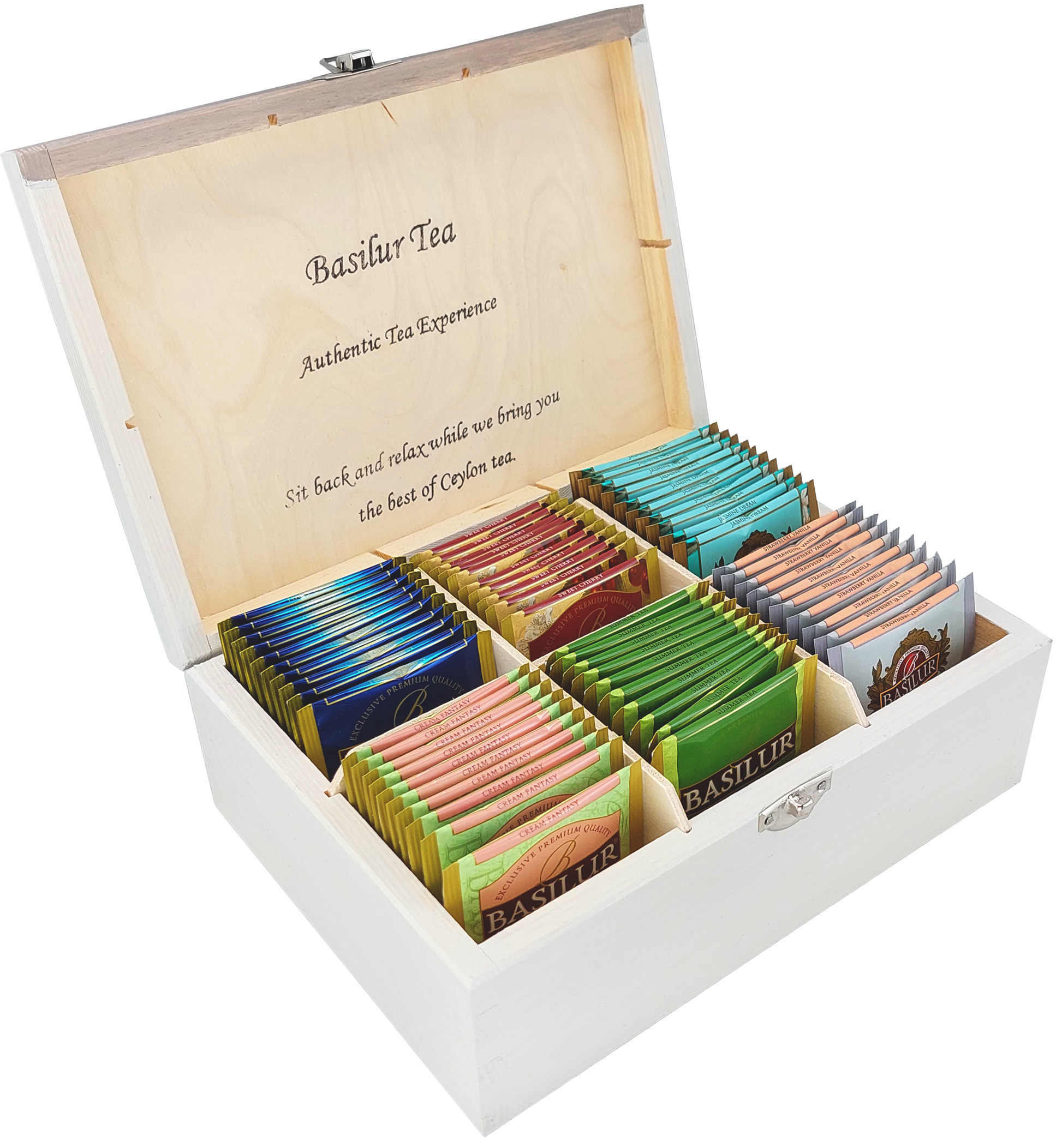 Drewniany ekspozytor Basilur Lawenda w Dzbanku z 60 saszetkami herbat w kopertach.