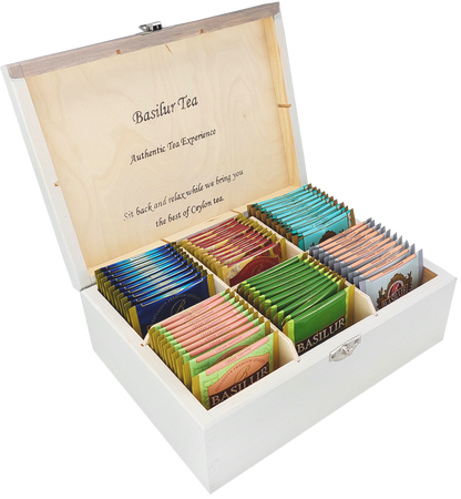 Drewniany ekspozytor Basilur Lawenda w Dzbanku z 60 saszetkami herbat w kopertach.