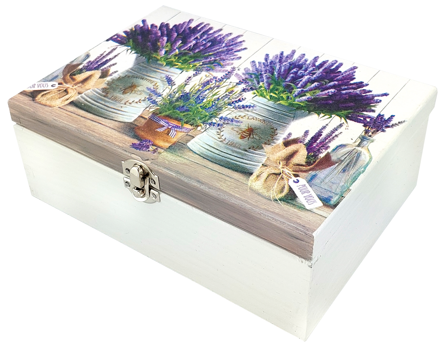 Wieczko pudełka ozdobione lawendą w dzbankach – zestaw herbat Basilur.