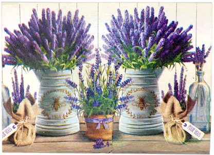 Eleganckie pudełko drewniane z lawendowym motywem – ekspozytor herbat Basilur.