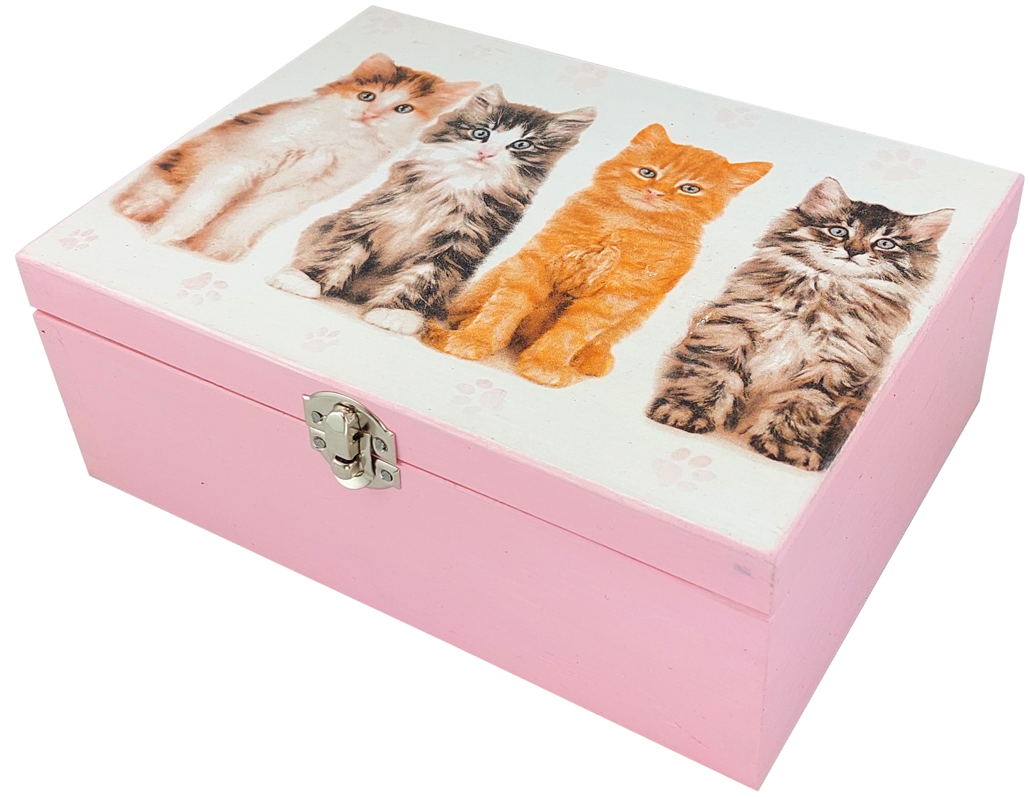 Zestaw herbat Basilur w różowej drewnianej szkatułce z motywem kotów.