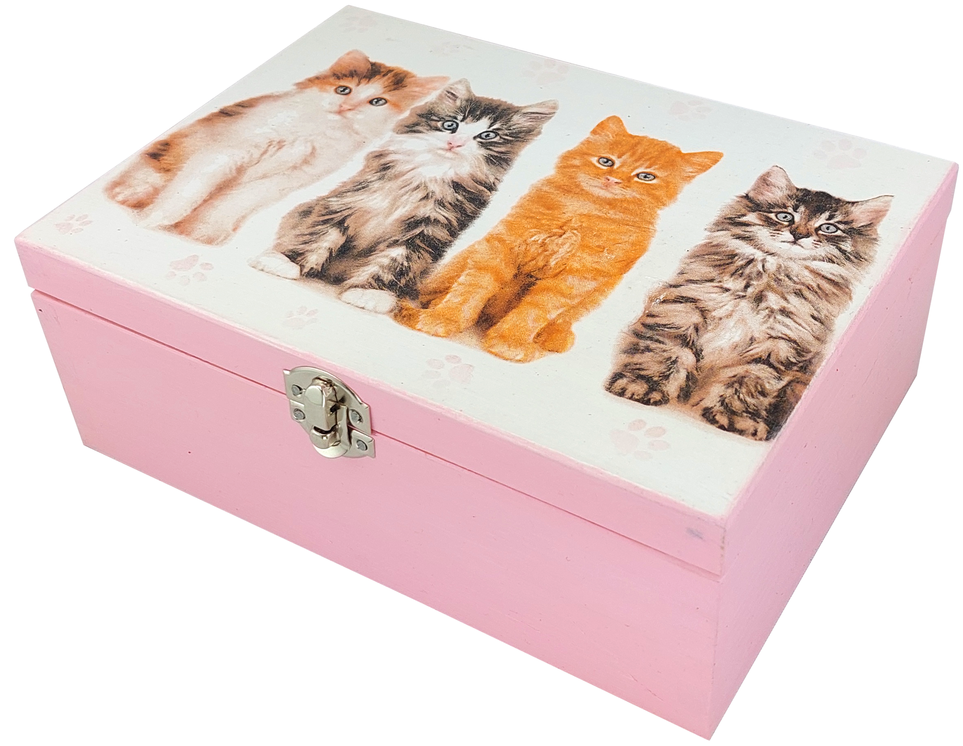 Zestaw herbat Basilur w różowej drewnianej szkatułce z motywem kotów.