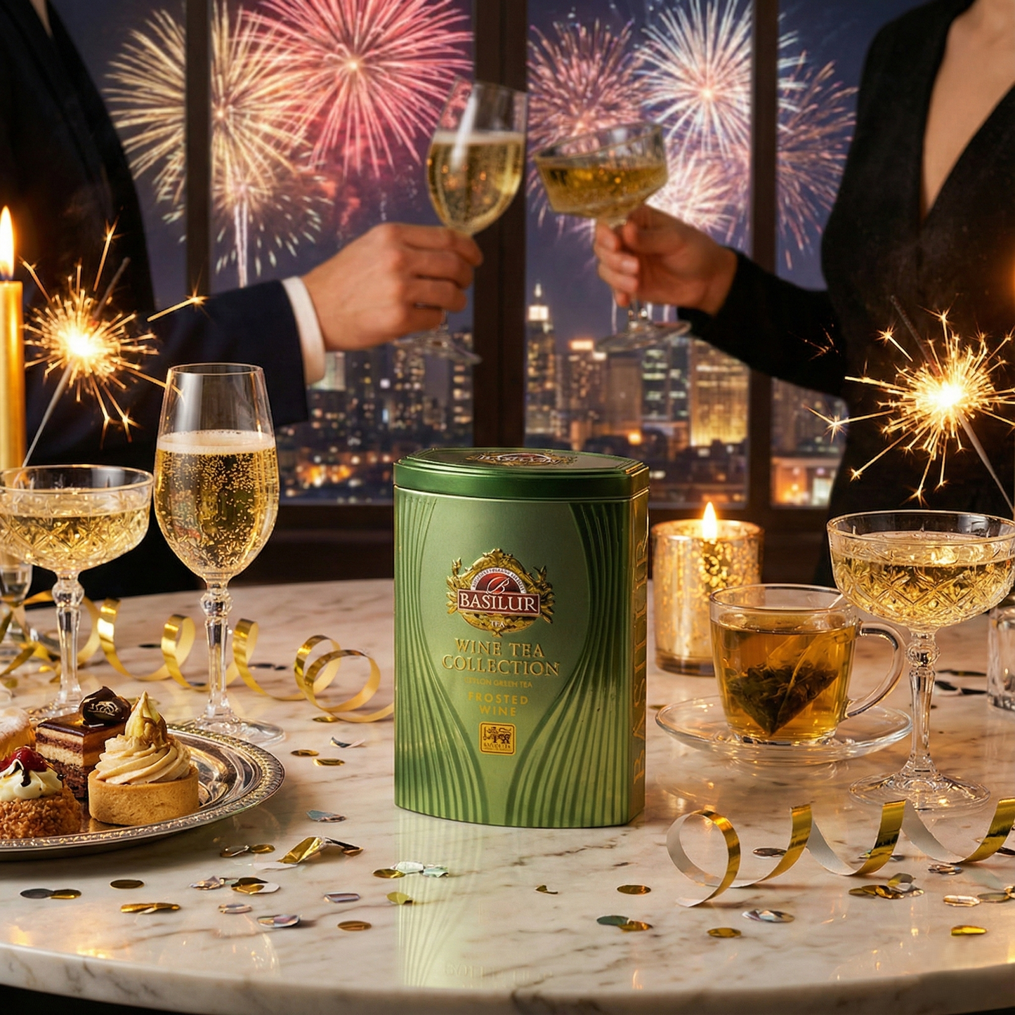 Opakowanie Basilur Wine Tea Collection Frosted Wine na stole, obok filiżanka herbaty, kieliszki i fajerwerki za oknem.