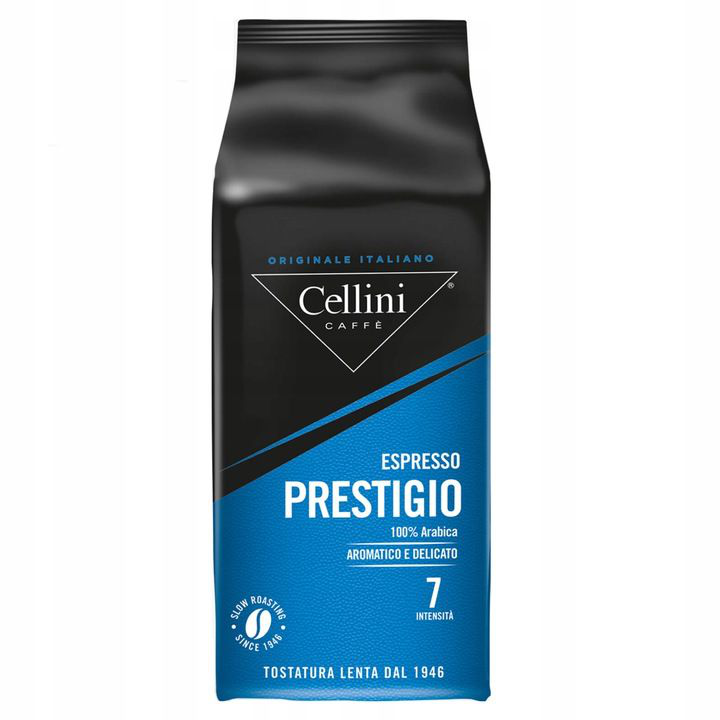 Opakowanie kawy ziarnistej Cellini Prestigio 500 g w kolorze czarno-niebieskim.