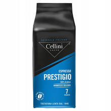 Opakowanie kawy ziarnistej Cellini Prestigio 500 g w kolorze czarno-niebieskim.