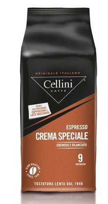Opakowanie kawy ziarnistej Cellini Crema Speciale 1000 g w kolorze czarno-brązowym.
