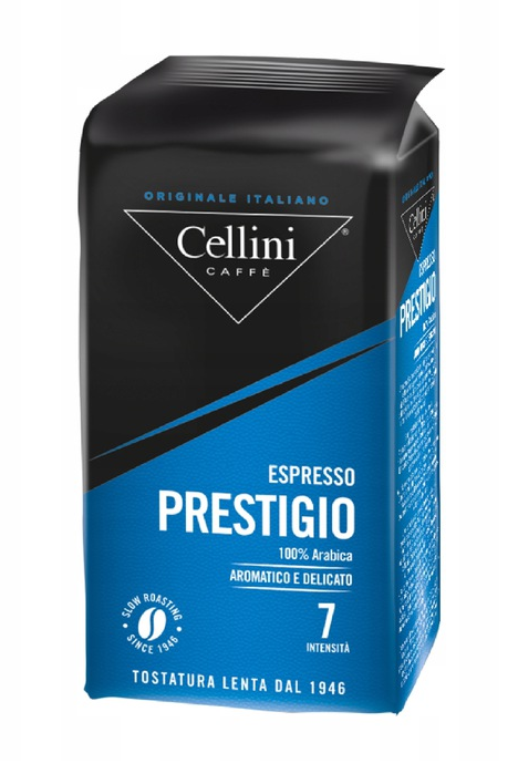 Opakowanie kawy mielonej Cellini Prestigio 250 g w kolorze czarno-niebieskim.