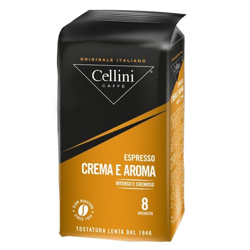 Opakowanie kawy mielonej Celini Crema Aroma 250 g w kolorze czarno-złotym.