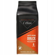 Opakowanie kawy ziarnistej Celini Crema Dolce 1000 g w kolorze czarno-pomarańczowym.