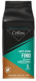 Opakowanie kawy ziarnistej Celini Crema Fino 1000 g w kolorze czarno-turkusowym.