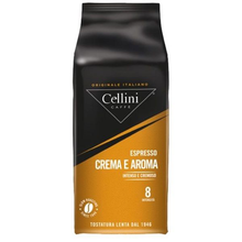 Opakowanie kawy ziarnistej Celini Crema Aroma 1000 g w kolorze czarno-złotym.