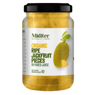 Sloik organicznego jackfruit w syropie Miditer 370 ml z Cejlonu, ripe jackfruit pieces in mixed juice, egzotyczny owoc tropikalny BIO