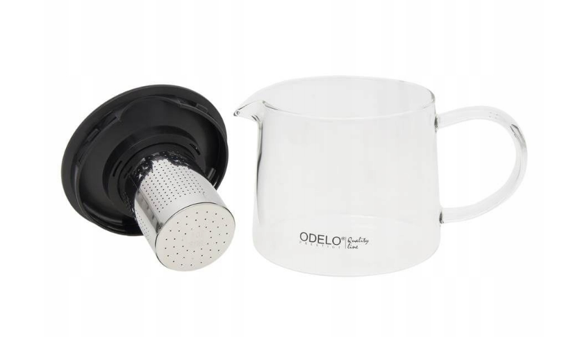 Szklany dzbanek 1500 ml z wyjmowanym stalowym zaparzaczem i czarną pokrywką, widok rozłożony.