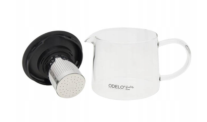 Szklany dzbanek 1500 ml z wyjmowanym stalowym zaparzaczem i czarną pokrywką, widok rozłożony.