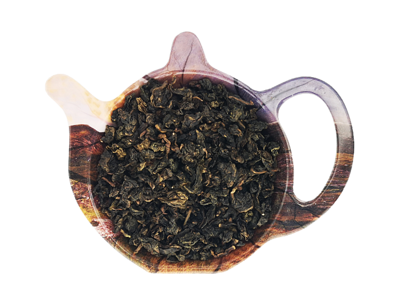 Susz chińskiej herbaty częściowo fermentowanej Oolong Se Chung o zwiniętych, ciemnozielonych liściach.