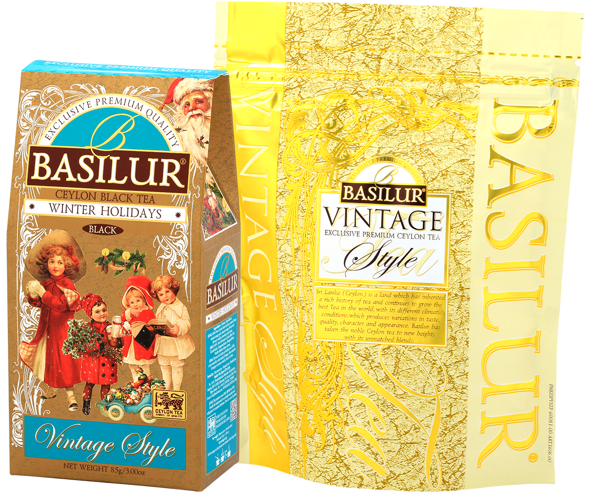 Paczka herbaty Basilur Winter Holidays z wewnętrznym złotym woreczkiem.