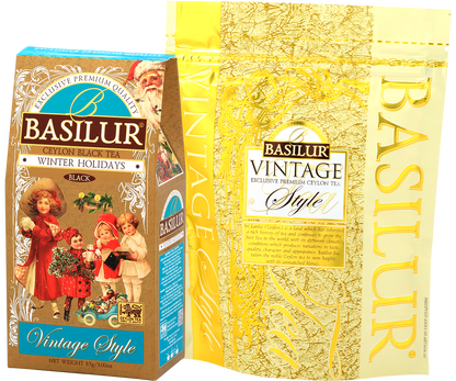 Paczka herbaty Basilur Winter Holidays z wewnętrznym złotym woreczkiem.