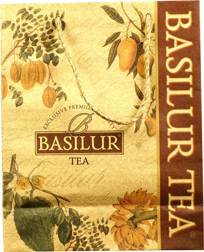 Duża torba prezentowa Basilur z motywem roślinnym i logo marki na tle w kolorze ecru