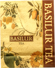 Duża torba prezentowa Basilur z motywem roślinnym i logo marki na tle w kolorze ecru