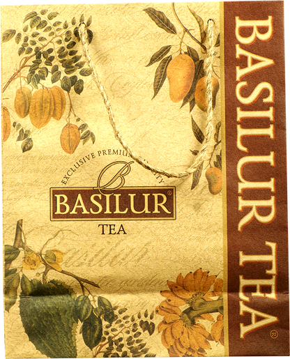 Duża torba prezentowa Basilur z motywem roślinnym i logo marki na tle w kolorze ecru