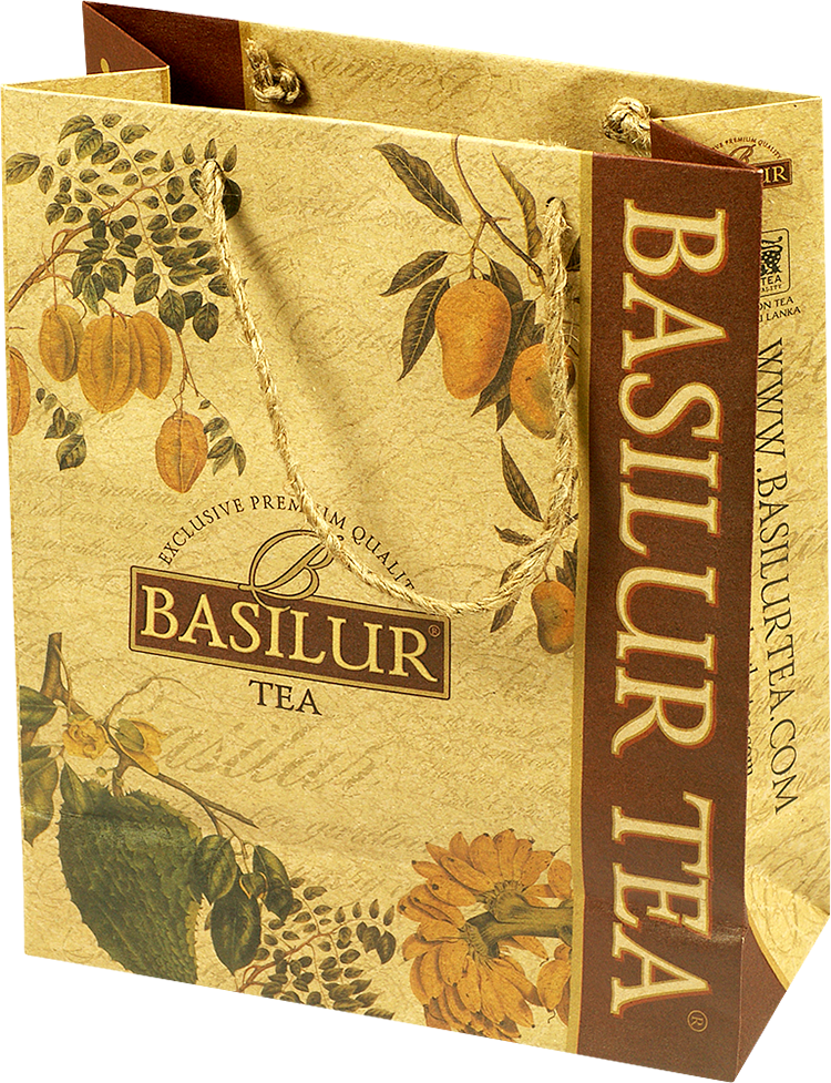 Zbliżenie na front torby Basilur Tea z ilustracjami owoców i kwiatów