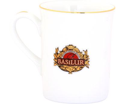 Stylowy kubek Basilur z klasycznym logo marki i delikatnym zdobieniem.