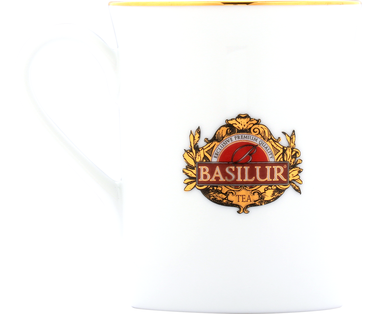 Elegancki porcelanowy kubek Basilur z logo i złotym rantem.