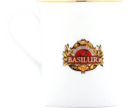 Elegancki porcelanowy kubek Basilur z logo i złotym rantem.