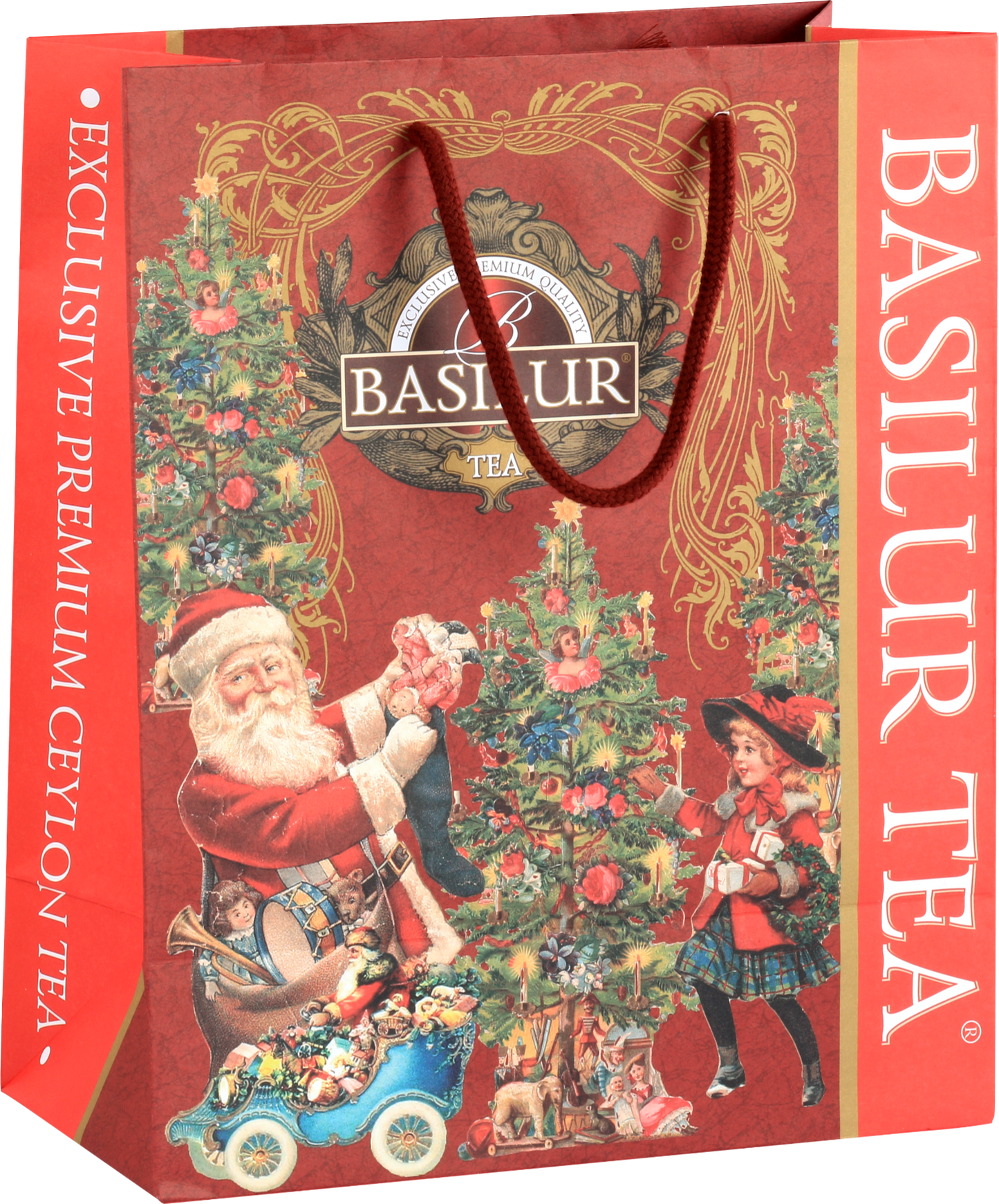 Torba prezentowa świąteczna Basilur z motywem Mikołaja i choinki w czerwono-złotej oprawie.