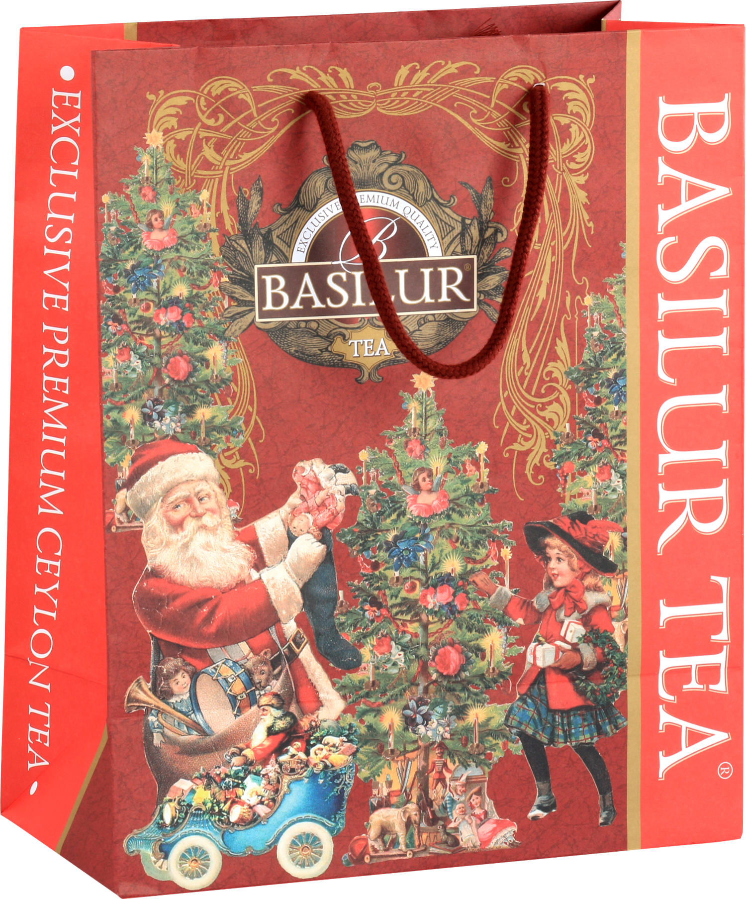 Torba prezentowa świąteczna Basilur z motywem Mikołaja i choinki w czerwono-złotej oprawie.