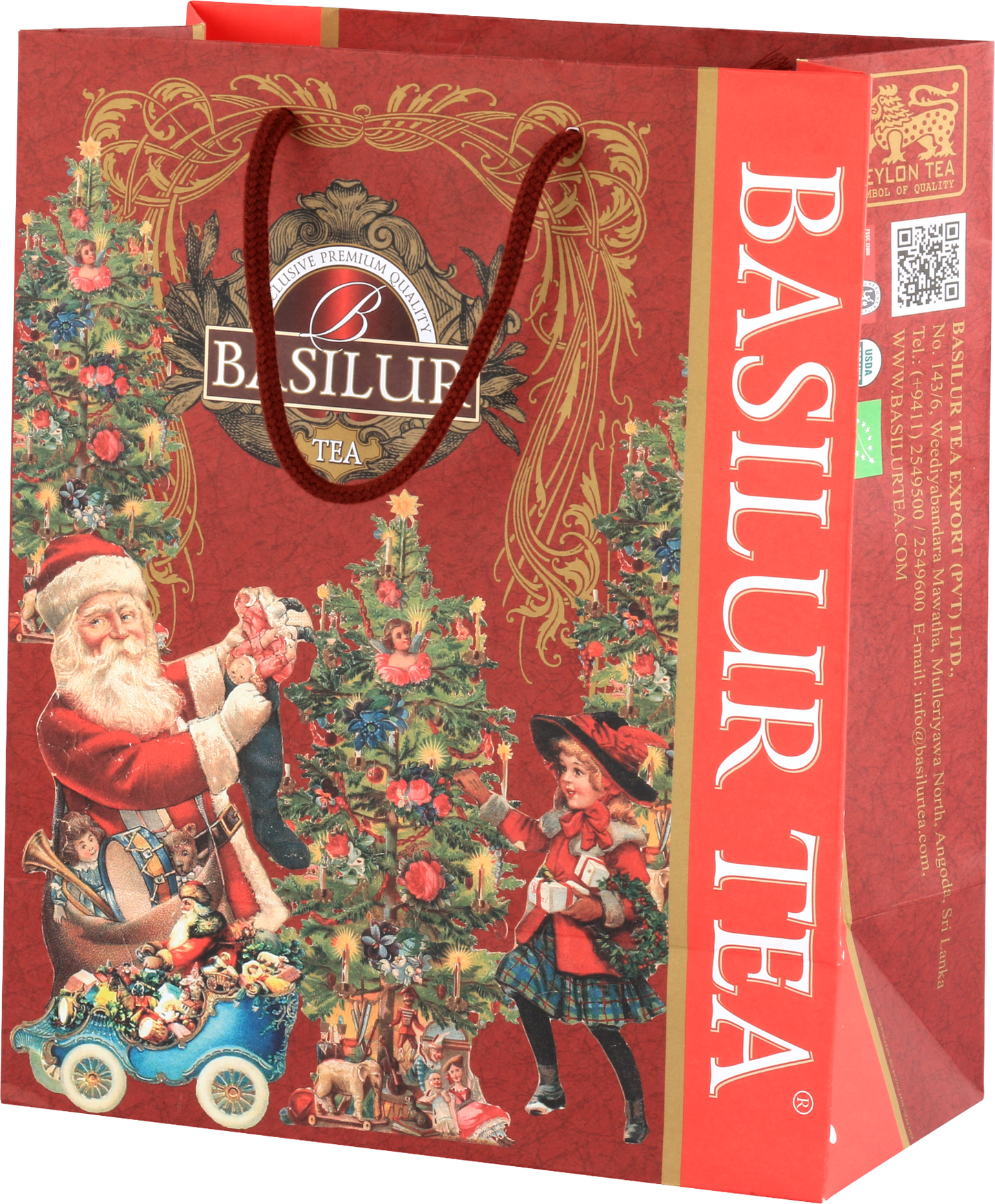 Elegancka torba Basilur na prezent świąteczny, ozdobiona klasycznymi ilustracjami bożonarodzeniowymi.