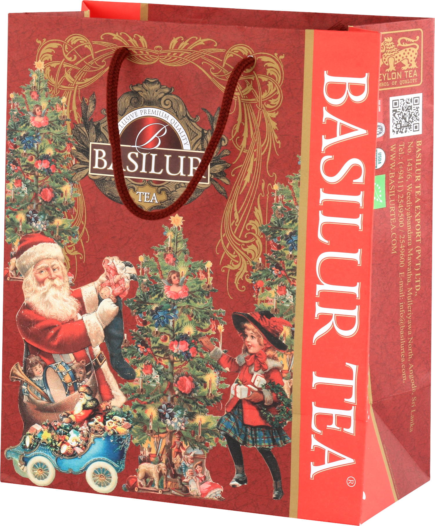 Elegancka torba Basilur na prezent świąteczny, ozdobiona klasycznymi ilustracjami bożonarodzeniowymi.