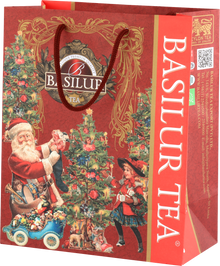 Elegancka torba Basilur na prezent świąteczny, ozdobiona klasycznymi ilustracjami bożonarodzeniowymi.