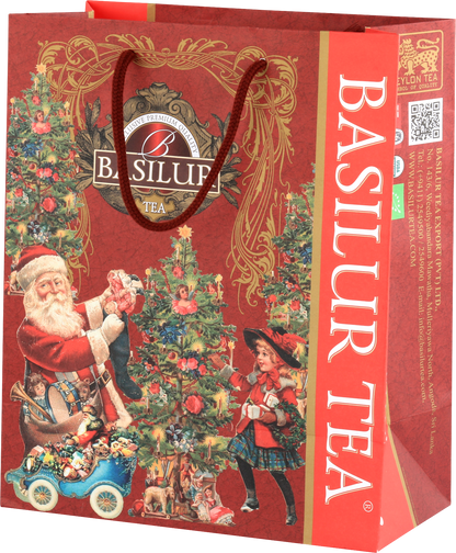 Elegancka torba Basilur na prezent świąteczny, ozdobiona klasycznymi ilustracjami bożonarodzeniowymi.