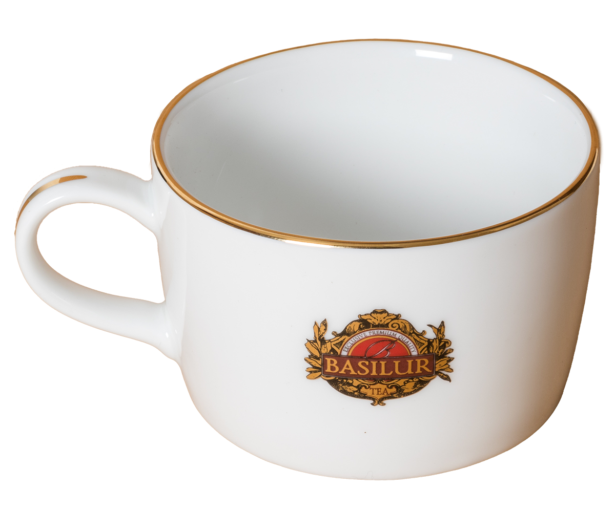 Filiżanka porcelanowa Basilur 265 ml ze spodkiem, zdobiona logo i złotym rantem.