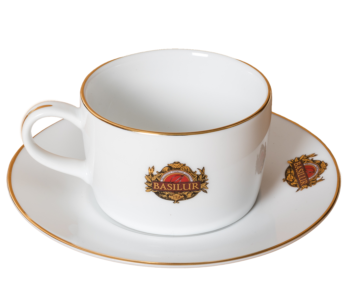 Filiżanka porcelanowa Basilur z uchwytem, zdobiona złotym rantem i logo.