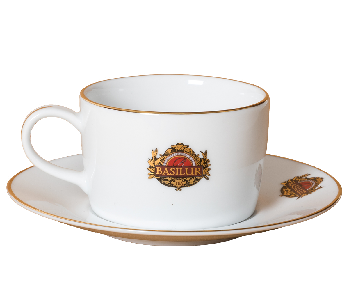 Filiżanka Basilur 265 ml ze spodkiem, porcelana z logo i złotym wykończeniem.