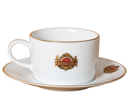 Filiżanka Basilur 265 ml ze spodkiem, porcelana z logo i złotym wykończeniem.