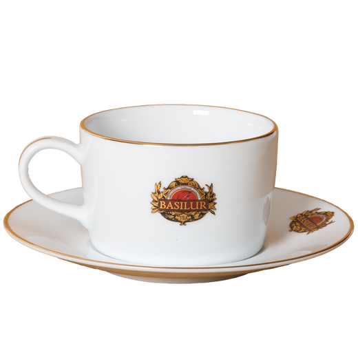 Filiżanka Basilur 265 ml ze spodkiem, porcelana z logo i złotym wykończeniem.