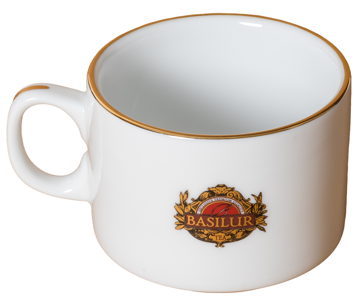 Filiżanka porcelanowa Basilur Hotel Use z logo i złotym wykończeniem.