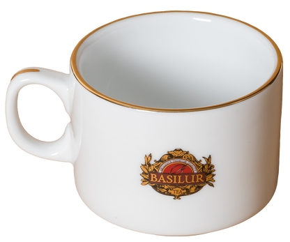 Filiżanka porcelanowa Basilur Hotel Use z logo i złotym wykończeniem.