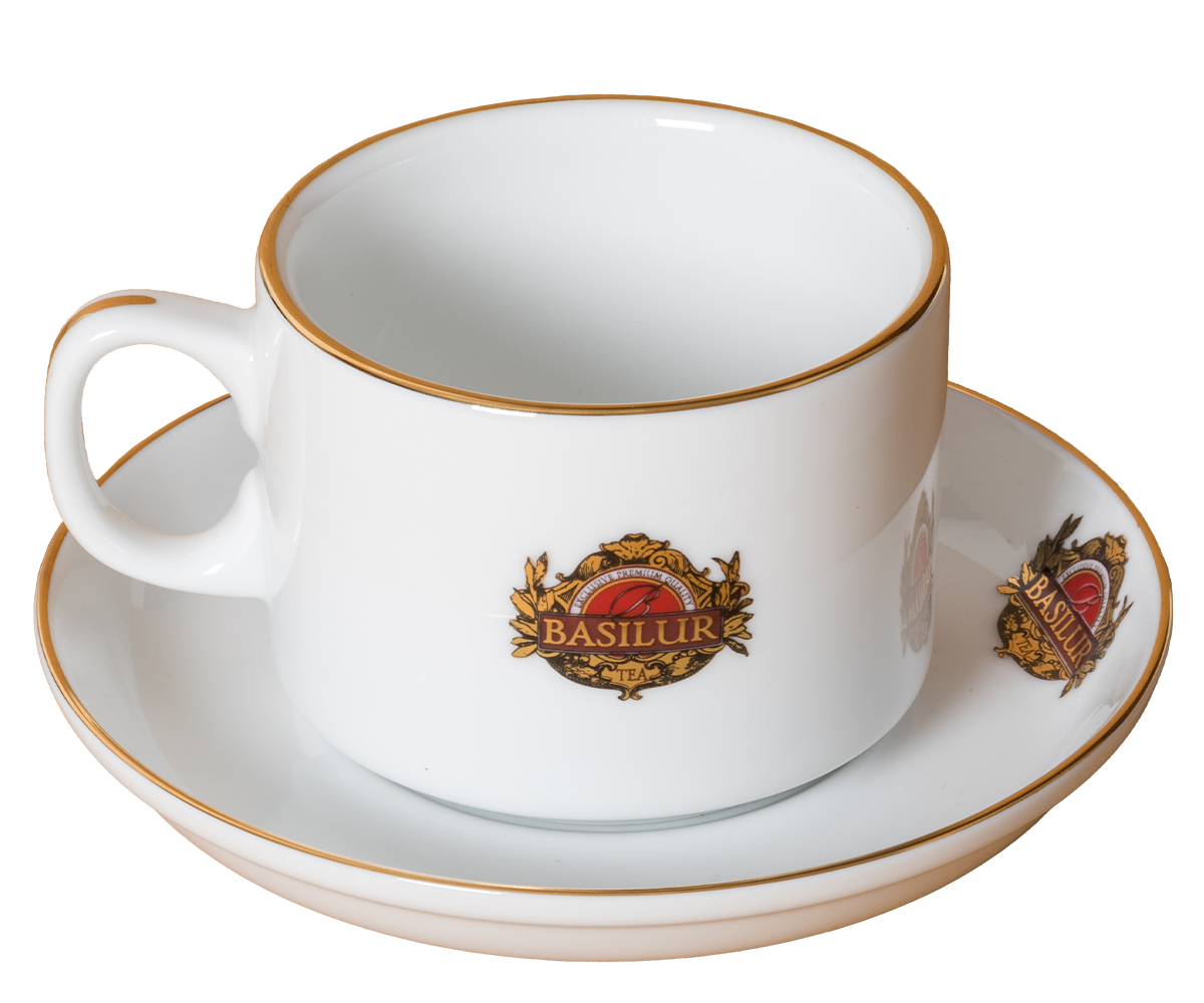 Filiżanka Basilur ze spodkiem, widok z boku, porcelana zdobiona złotym rantem.