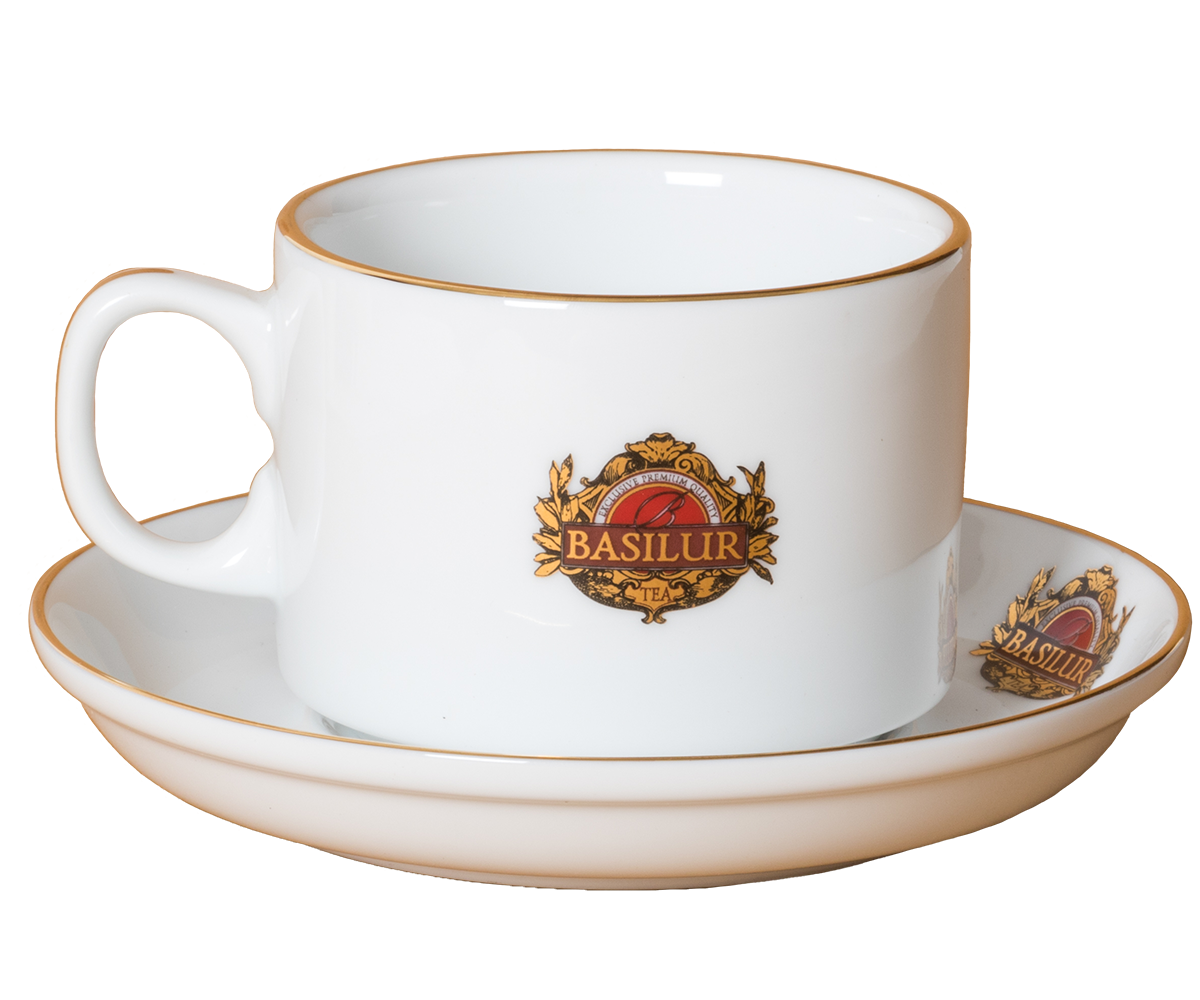 Filiżanka Basilur ze spodkiem, widok pod kątem, porcelana z logo i złotym rantem.