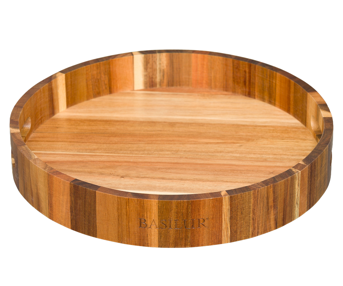 Drewniana taca Basilur 35 cm okragla z uchwytami do serwowania herbaty i przekasek