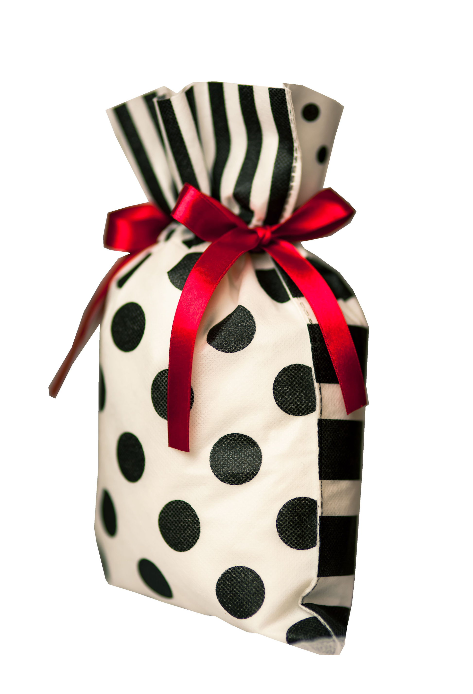 Worek prezentowy w czarno-białe grochy z czerwonymi wstążkami, rozmiar 20 x 30 cm.